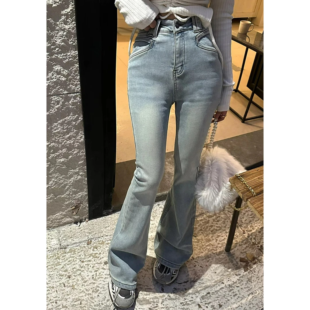 【灰灰穿搭】新款加绒磨毛喇叭牛仔裤秋冬女高腰紧身显瘦微喇 99185