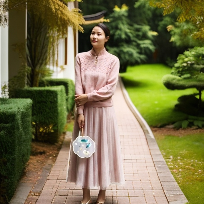 手编格格【梦雪樱飞】国风汉服新中式小立领毛衣女士手工毛衣毛线