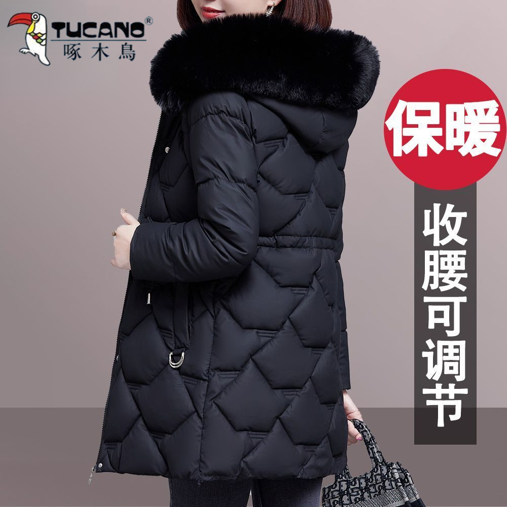 啄木鸟毛毛领棉外套冬季羽绒服女中长款保暖棉服新款加厚收腰显瘦