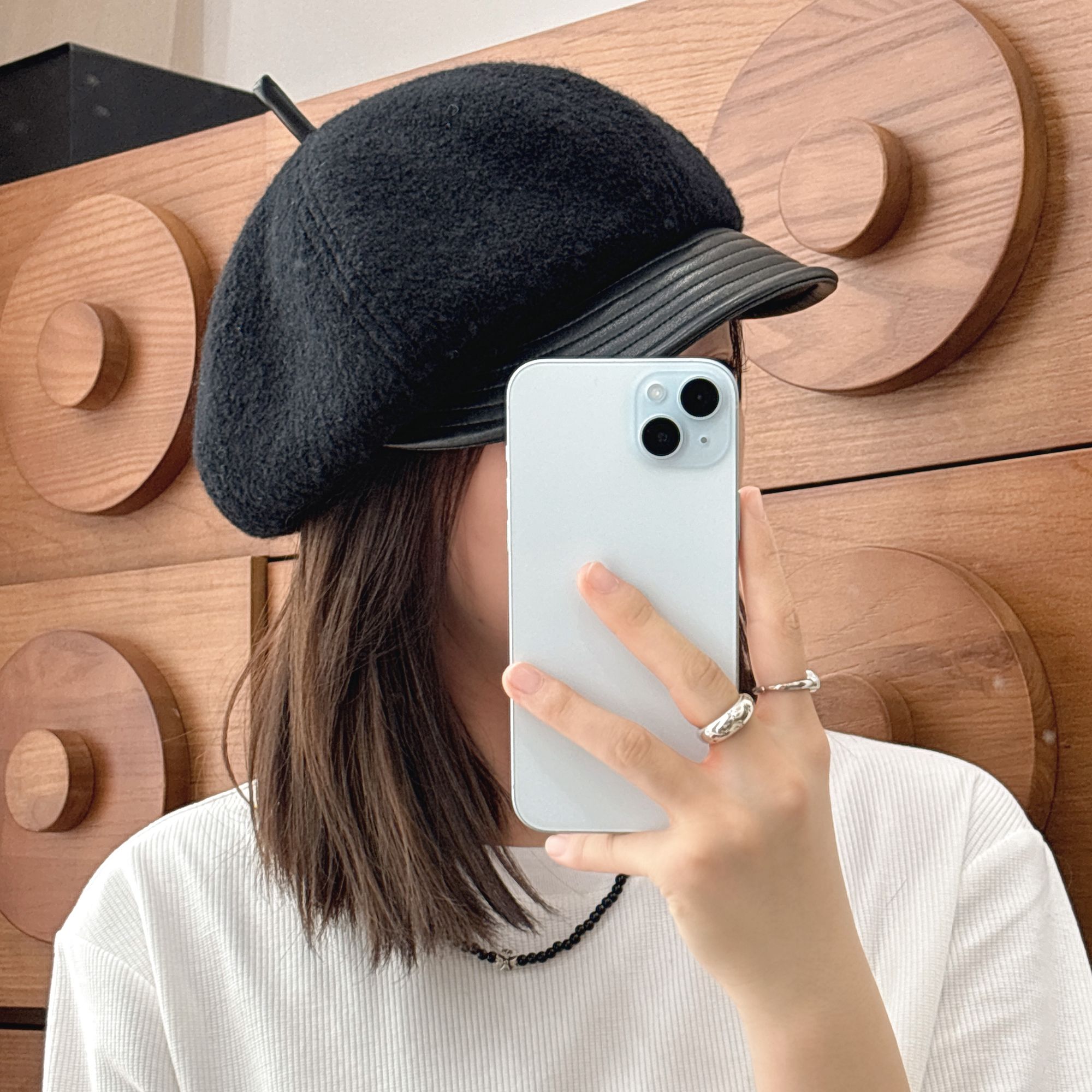 【SUKIJIANG】高级感立体剪裁八角帽羊毛拼PU报童帽简约保暖贝雷帽