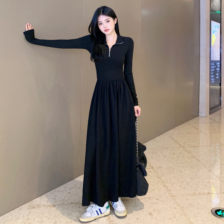 大码女装新款秋季黑色修身显瘦拉链Polo领端庄气质过膝简约连衣裙