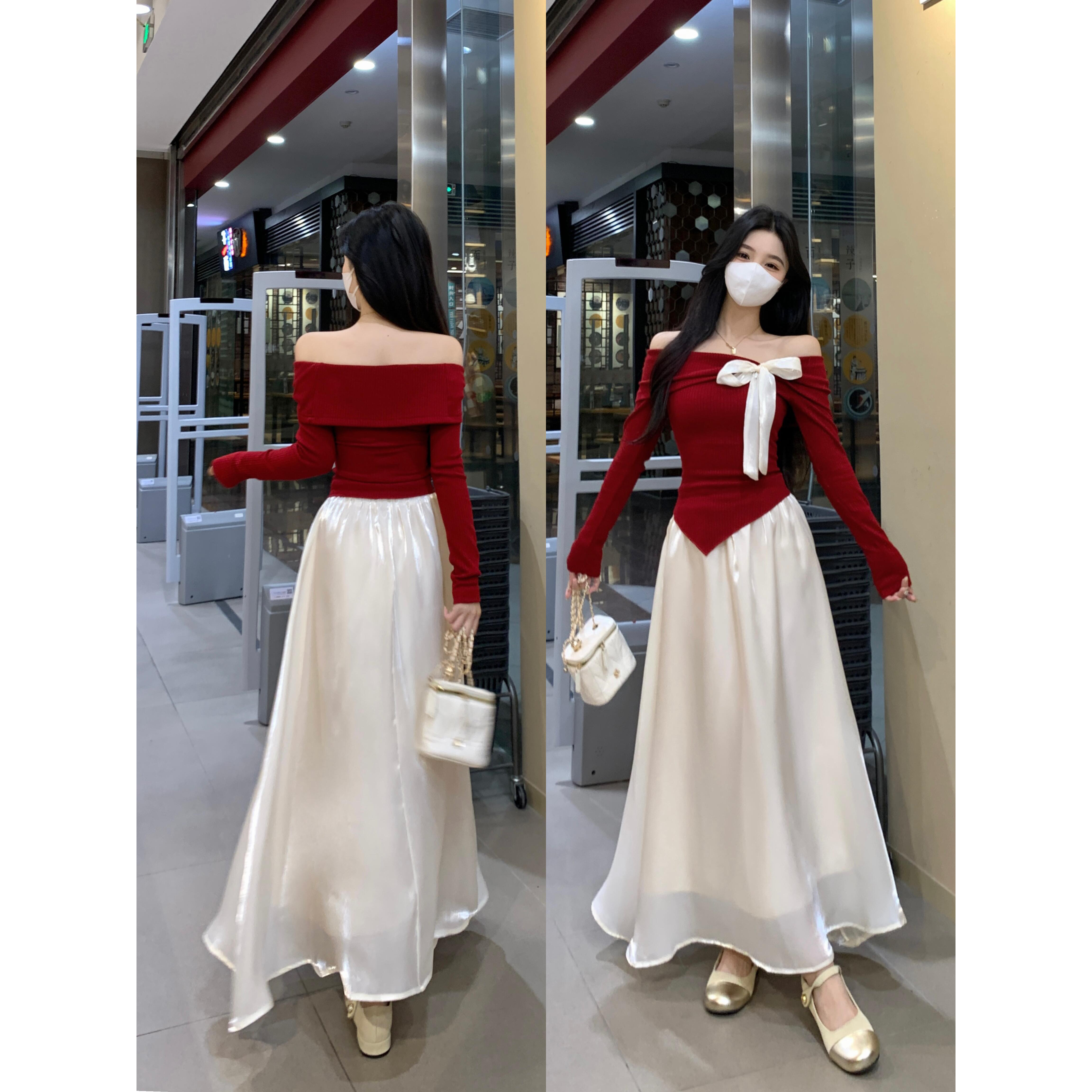 大码女装甜美套装秋冬显瘦蝴蝶结露肩针织上衣+半身裙两件套女