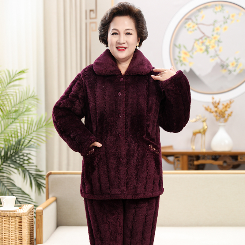 冬季中老年睡衣女珊瑚绒三层夹棉加厚加绒奶奶套装妈妈保暖家居服