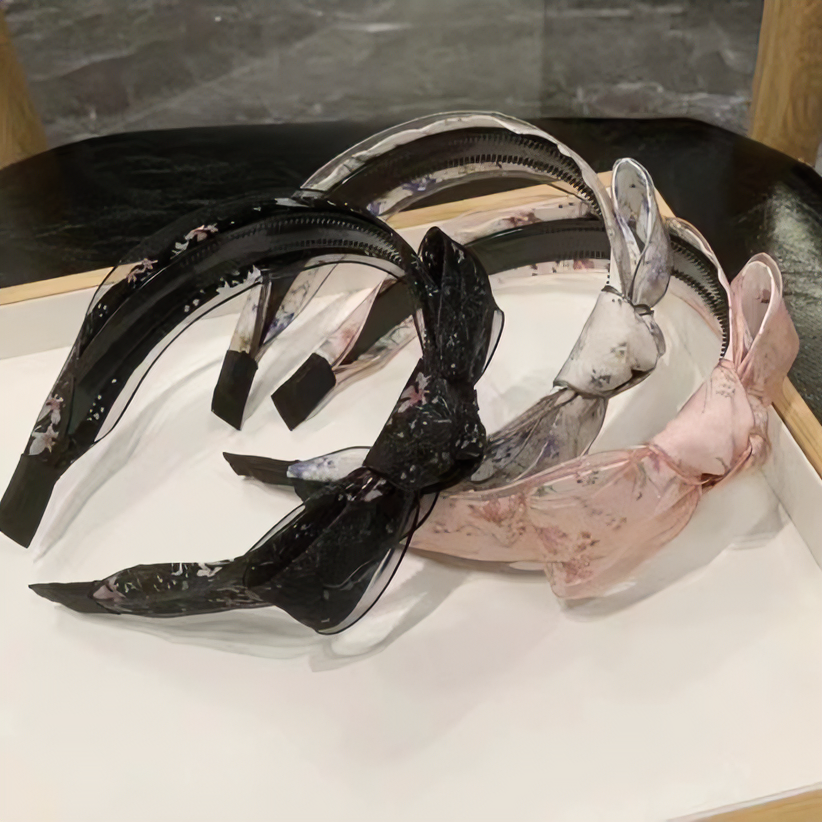 非金属发饰 网红2023年新款复古碎花蝴蝶结简约黑色韩版气质发箍