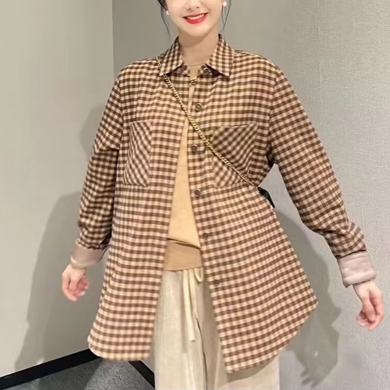 GIRDEAR/哥弟新款洋气休闲百搭宽松磨毛复古格纹衬衫1400458  