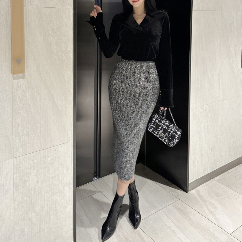 小香风半身裙中长款2025秋冬新款高腰包臀裙女闪闪亮片裙气质冬裙