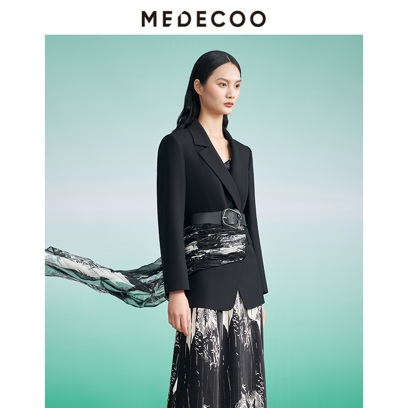 MEDECOO/墨蒂珂新款优雅撞色丝带西装领外套MIC31117