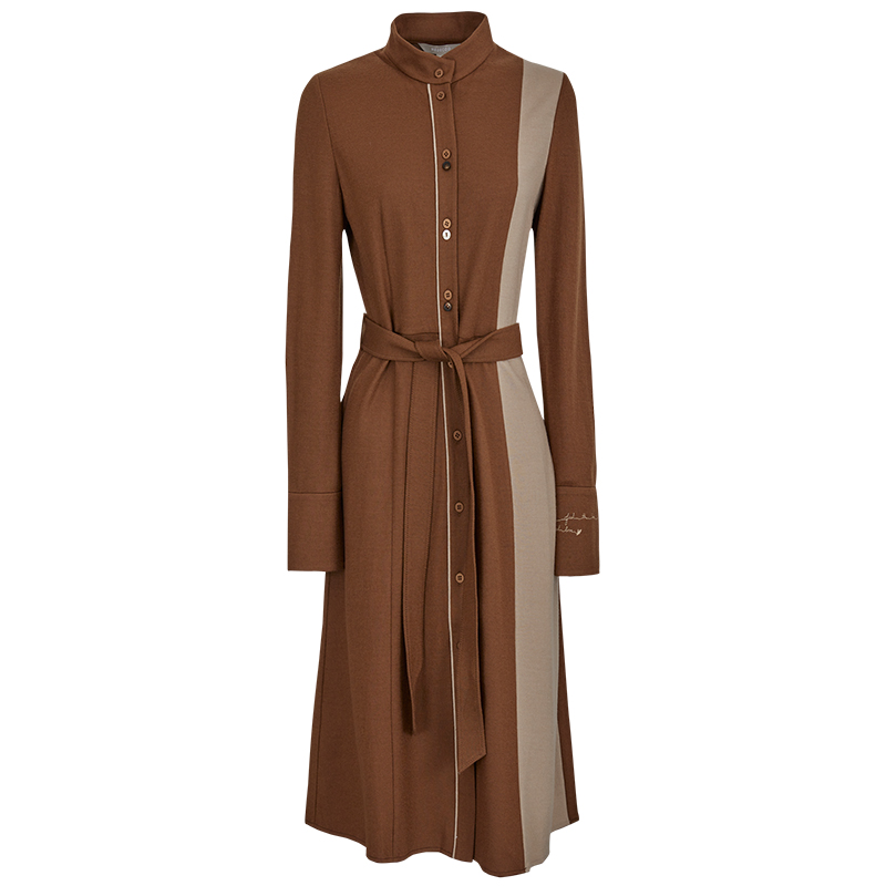 MEDECOO/墨蒂珂冬季新款立领系带撞色衬衫式连衣裙女MHD90406