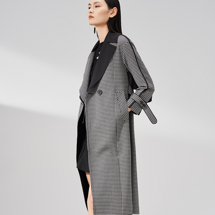 MEDECOO/墨蒂珂中长款风衣撞色格纹外套MHC32110