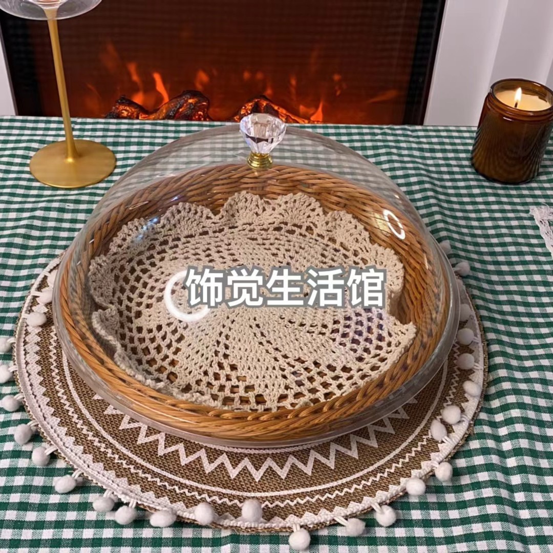 30cm家用带盖竹圆形编馕框点心盘面包篮