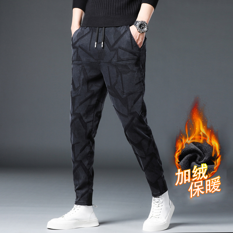 （加绒款）秋冬新款百搭男士休闲裤高弹力加厚冬季裤子提花星星图案