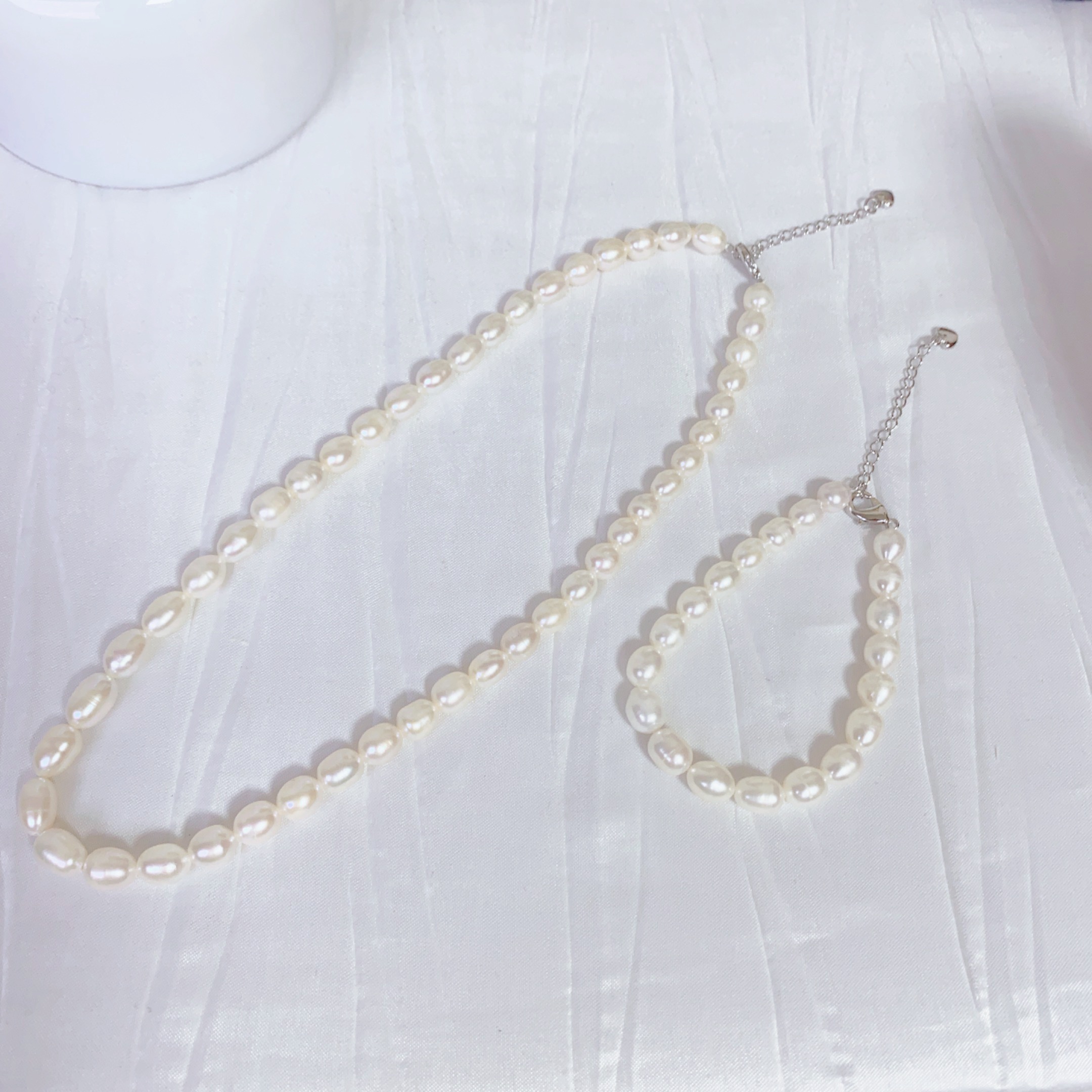 【珍副会长】极光 天然 淡水 白色米形珍珠项链加同款手链7mm左右