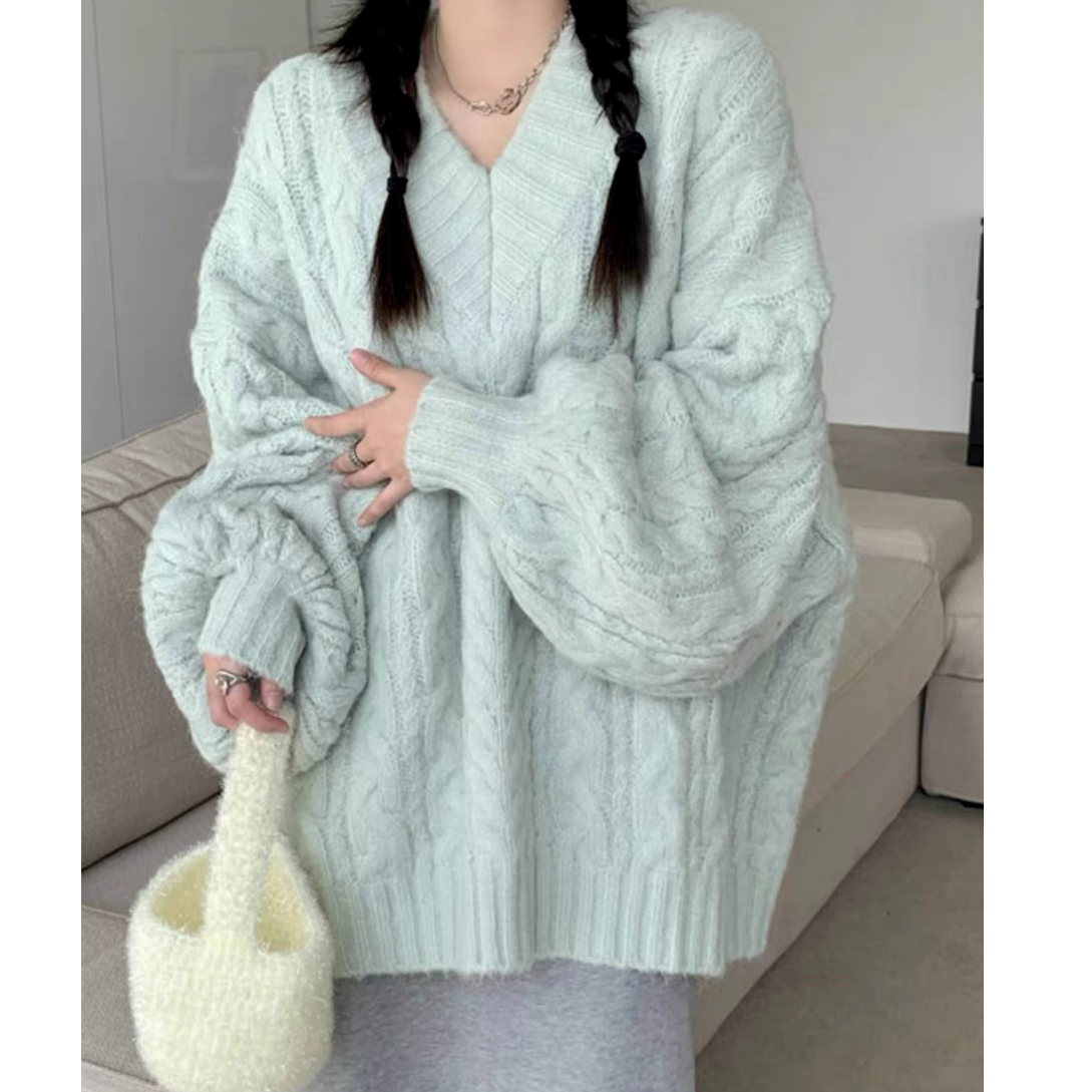 编号【121-180】毛衣宽松慵懒加厚V领麻花针织套头上衣小香风气质