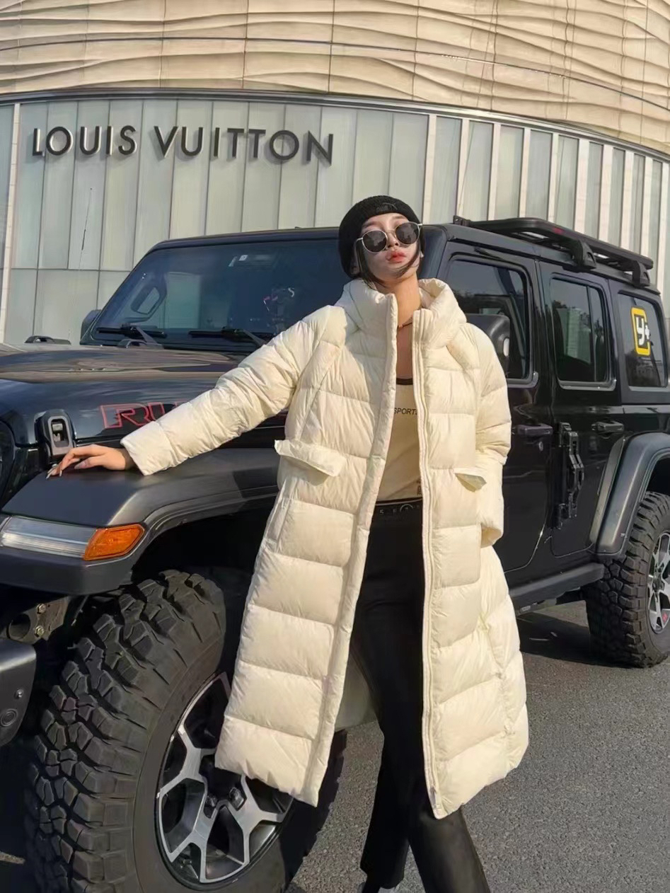 小个子冬季新款时尚连帽长款羽绒服纯色白鸭绒宽松休闲外套百搭