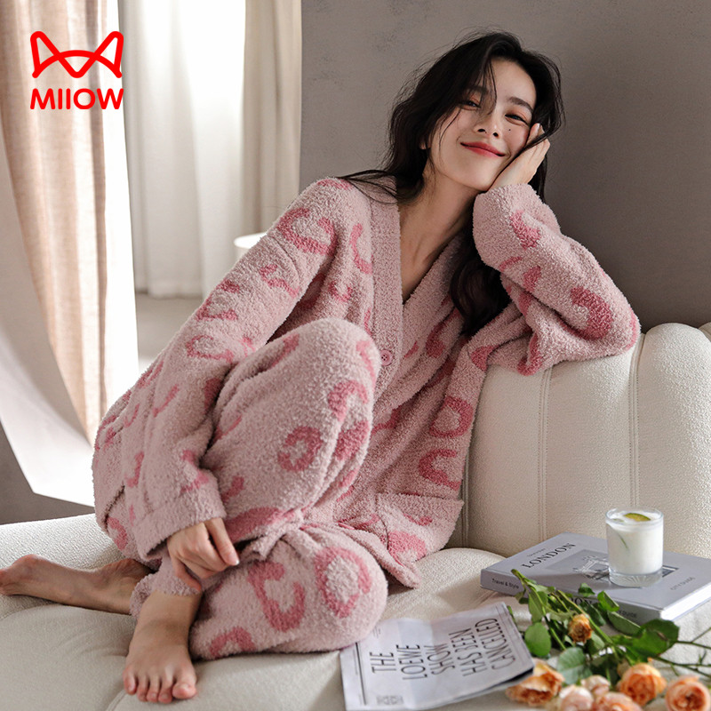 猫人经典睡衣女士冬季2025新款半边绒加厚开衫珊瑚绒秋冬保暖套装
