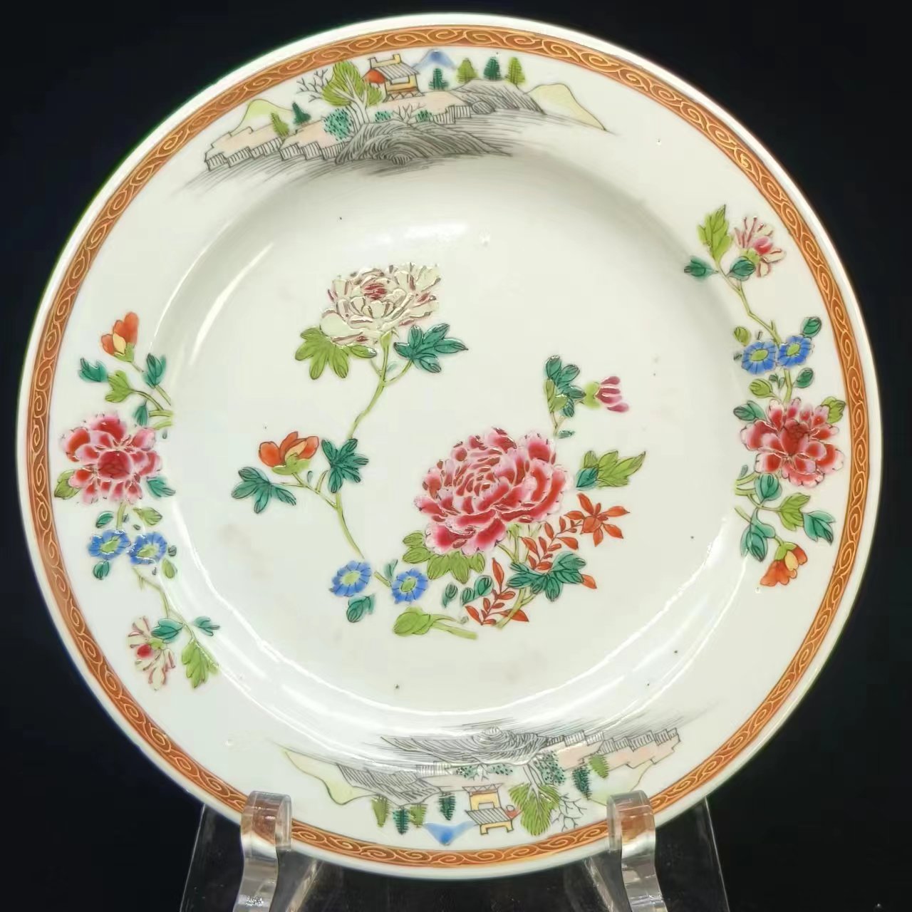 5102507*清乾隆粉彩花卉山水纹盘/瓷器五/江苏省文物总店