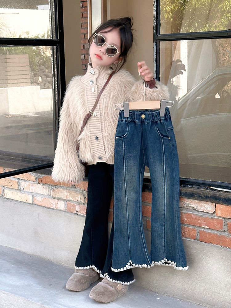 女童牛仔裤加绒一体绒裤子儿童秋装2023新款洋气女孩喇叭裤休闲裤