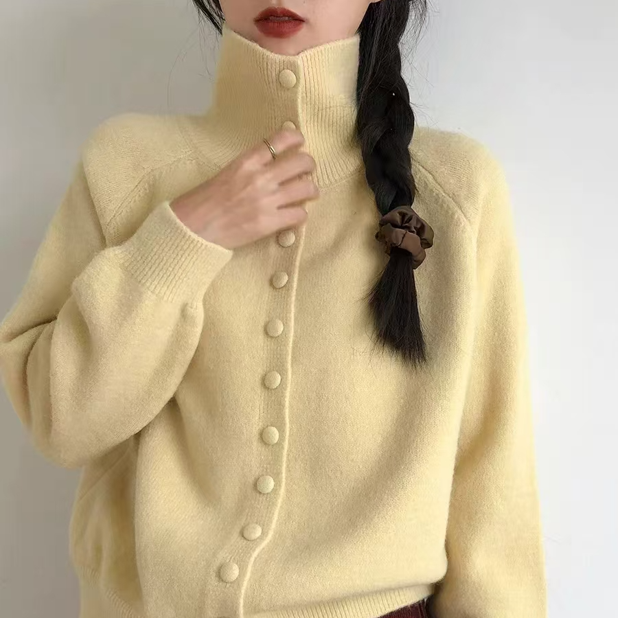 高领针织开衫女2025秋冬季新款复古韩系慵懒风高级感宽松毛衣外套