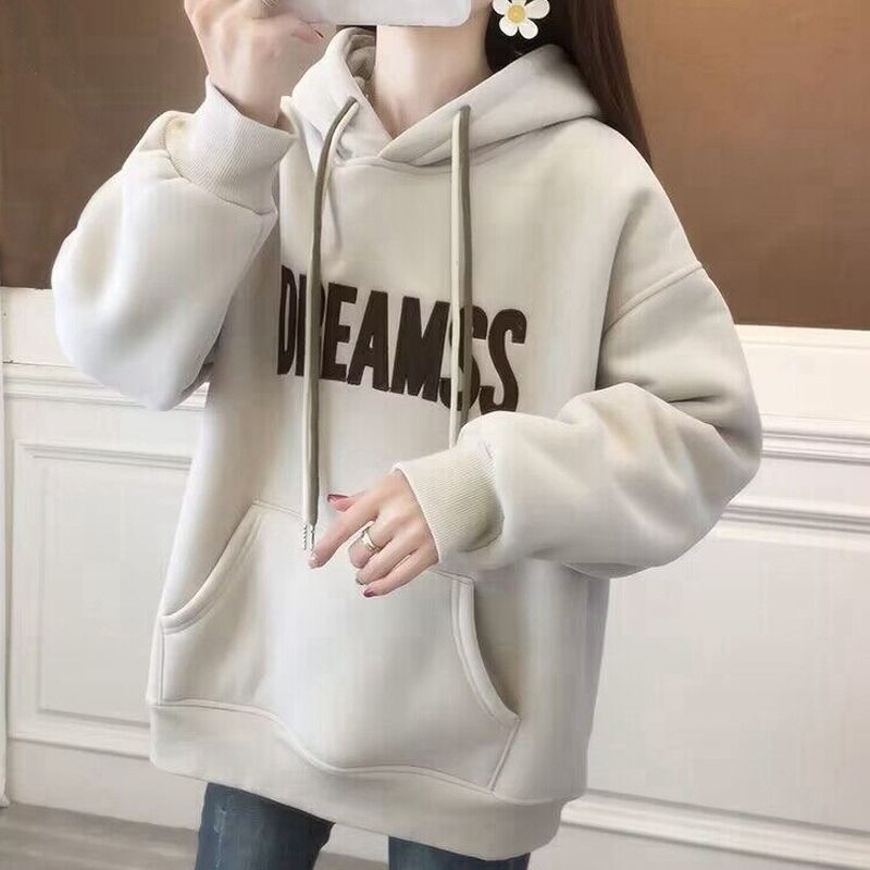 加绒加厚连帽卫衣女加绒2023美拉德新款宽松显瘦秋冬字母印花上衣