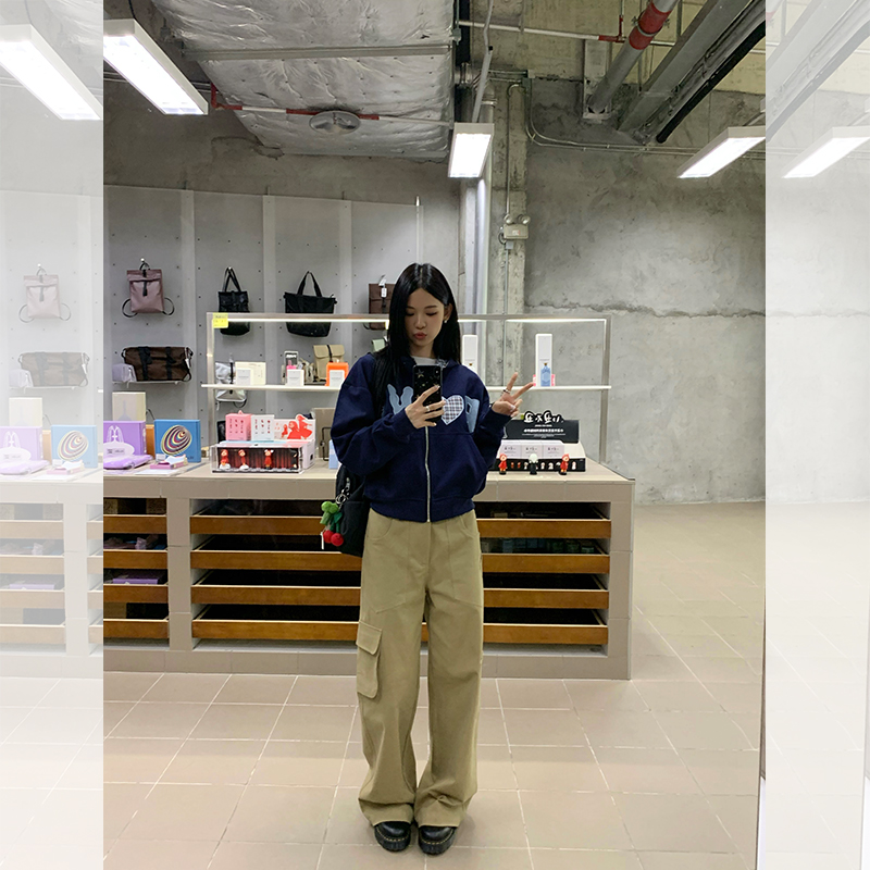 ED.lumoder卡其色工装裤女秋季穿搭大口袋休闲高腰直筒裤#D4K1019