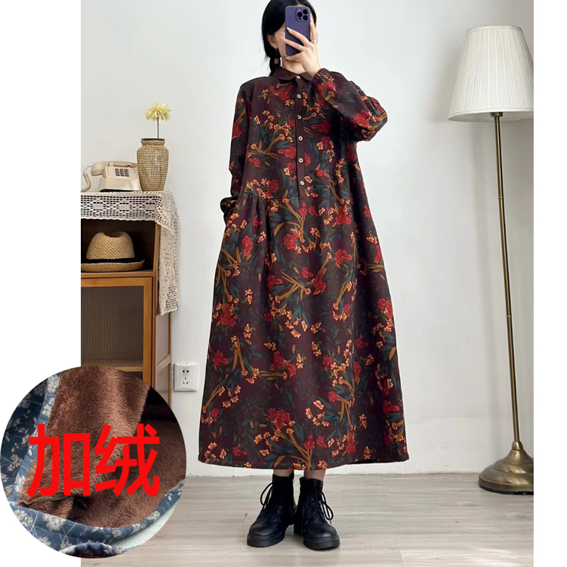 冬季连衣裙加绒加厚保暖舒服宽松复古中长款民族风上衣