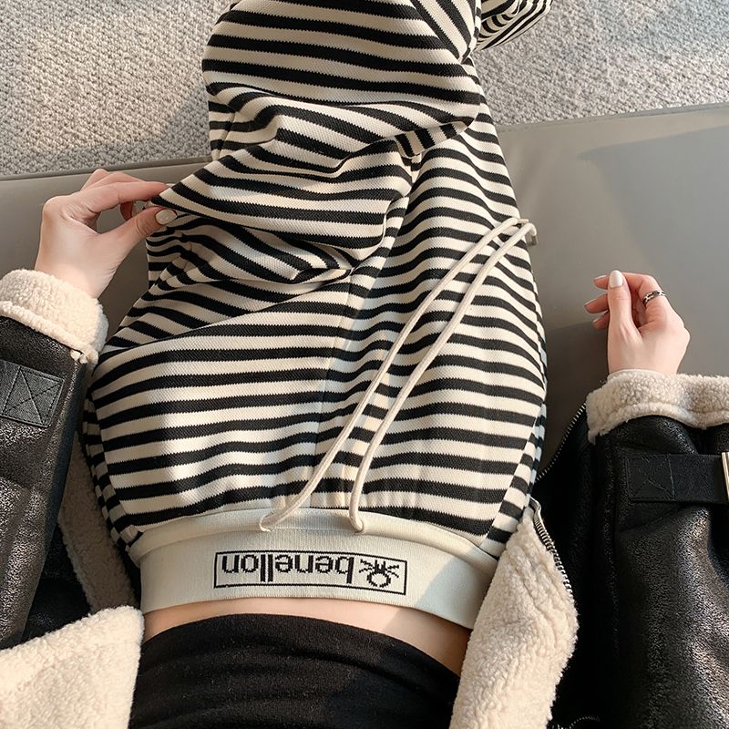 黑白条纹裤子女秋冬季窄版阔腿裤高腰显瘦直筒宽松慵懒休闲遛弯裤