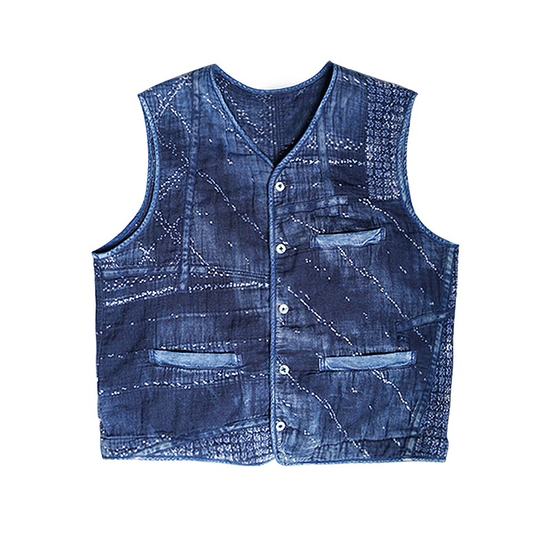 肖叔原创复古蓝染樱花刺子sashiko日系拼接boro马甲古着宽松背心