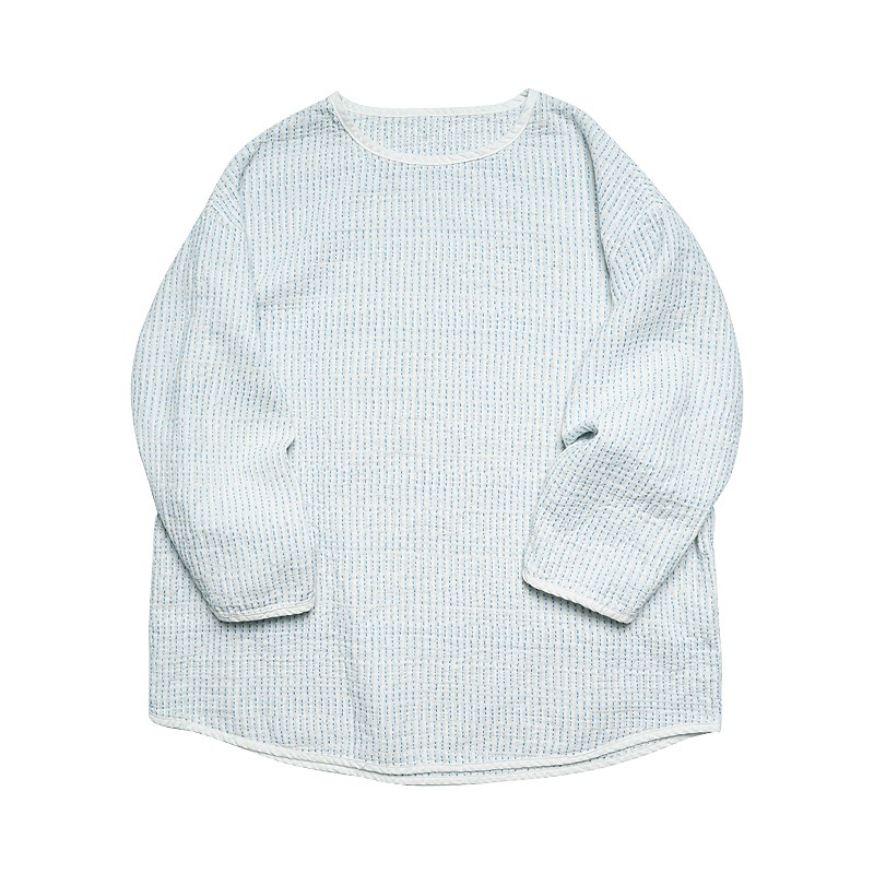 肖叔原创复古丹宁白线刺子sashiko宽松日式圆领七分袖T恤潮牌短袖