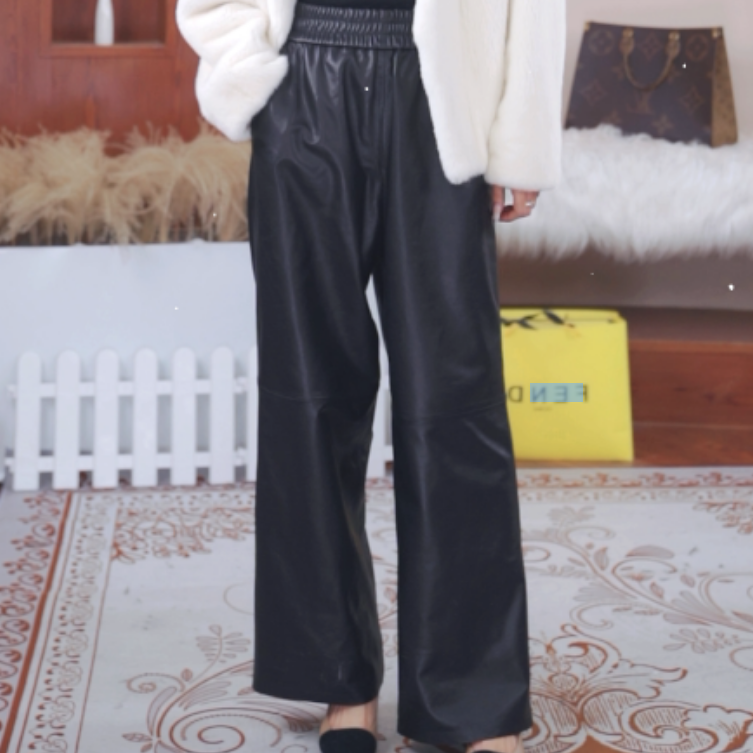 施施皮草【直筒裤】绵羊皮宽松阔版休闲百搭长裤女士时尚皮裤2383