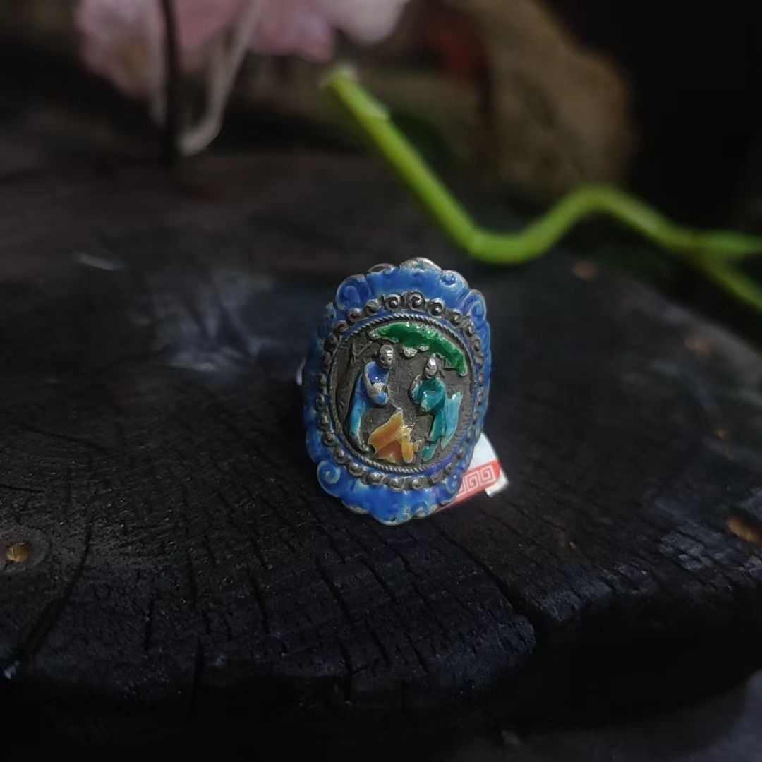 925银戒指 老银烧蓝工艺錾刻人物民族风百搭银饰开口戒指