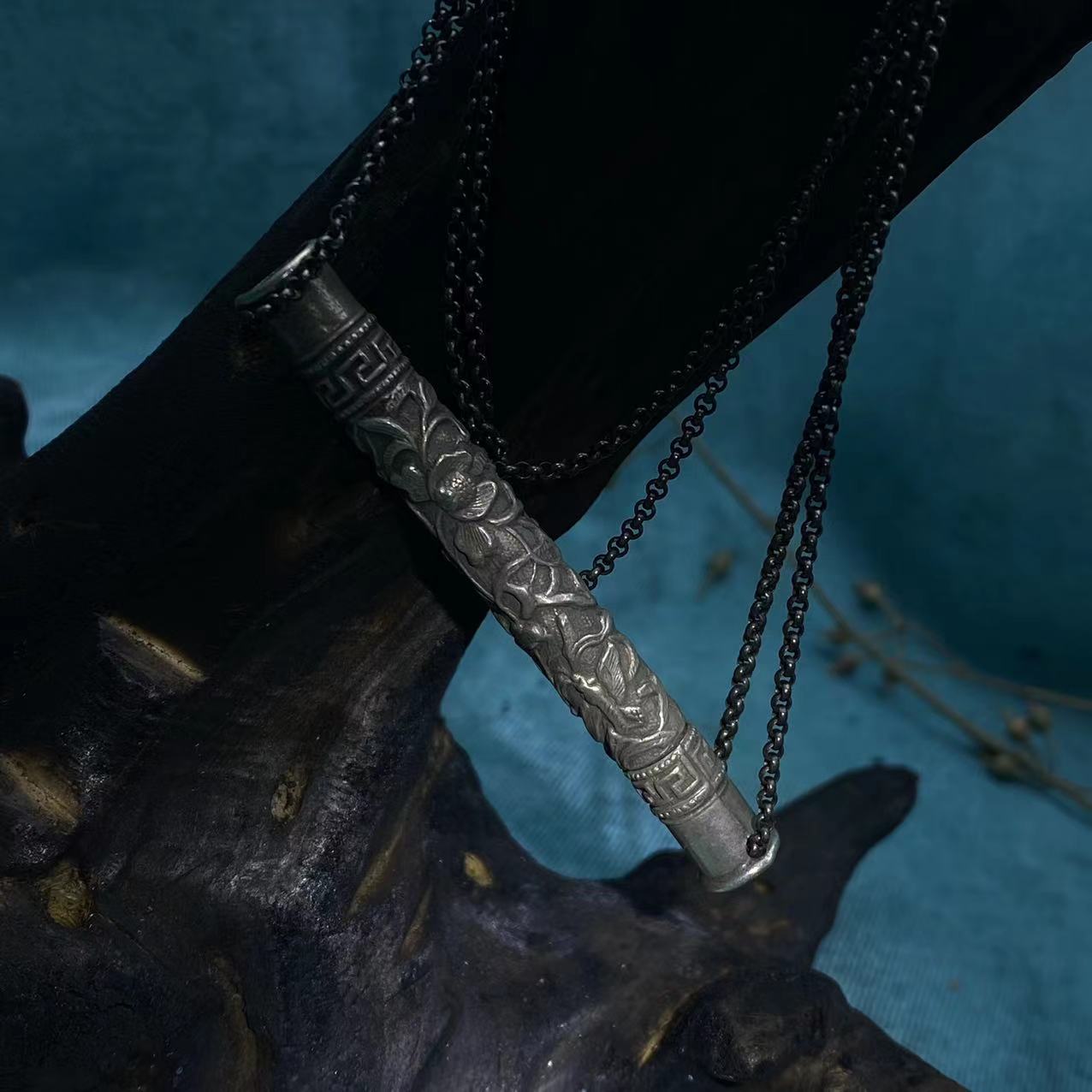 吊坠925银 老银錾刻花卉针筒民族风百搭银饰项链吊坠