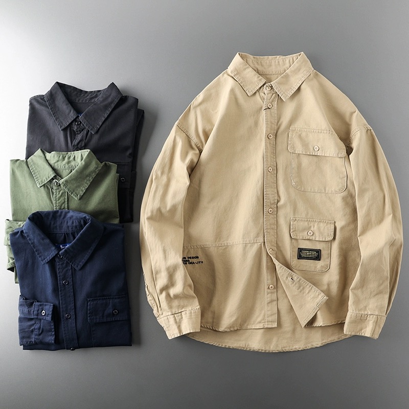 美式工装衬衫男复古工装多口袋百搭休闲衬衣青年宽松衬衫外套上衣