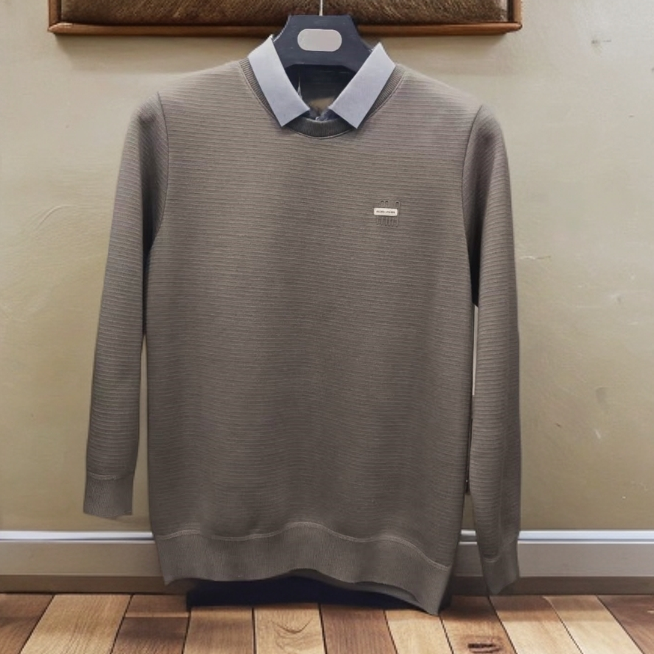 【6980】加绒时尚圆领假两件T恤保暖