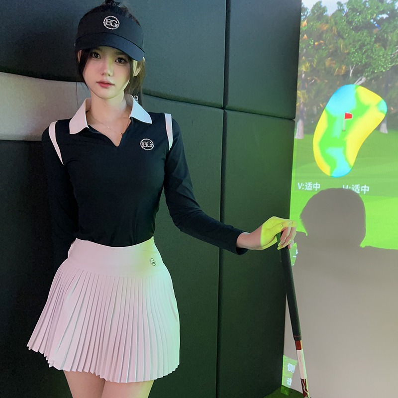 BG春夏高尔夫女装黑色显瘦上衣白色裙子透气修身翻领快速干球服
