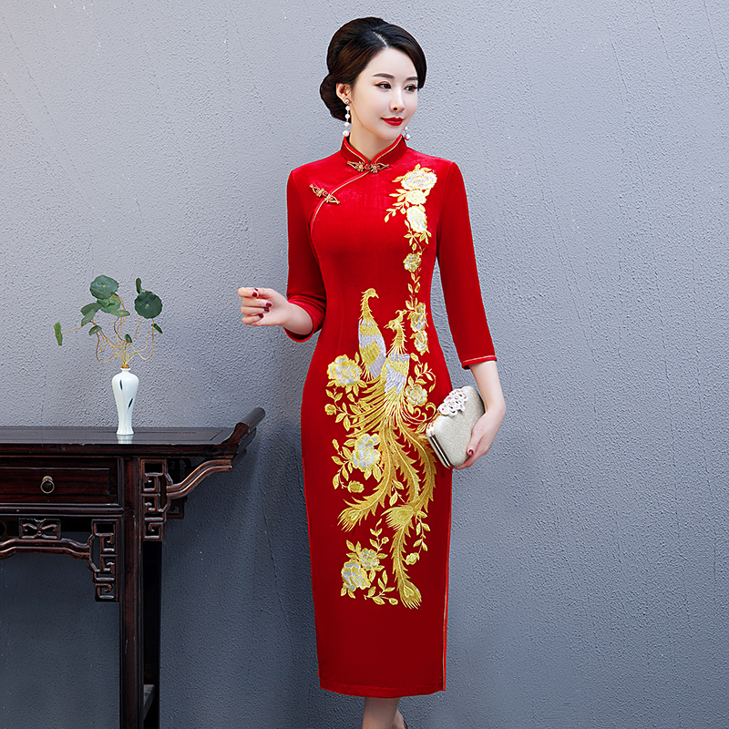 红色婚礼礼服丝绒旗袍春秋新款中国风高贵长款喜婆婆喜妈妈婚宴装