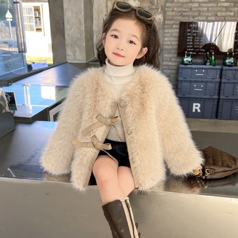 2024新款宝宝女童外套仿皮草毛毛衣儿童蝴蝶结洋气毛绒上衣秋冬装