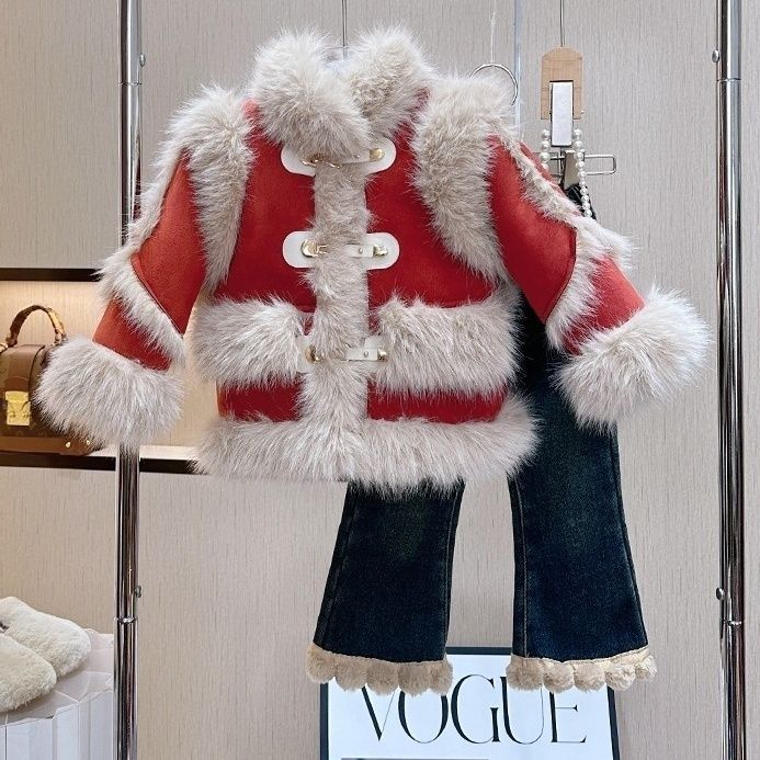 女童冬季套装2024洋气爆款红色儿童加厚新年外套加绒牛仔裤两件套