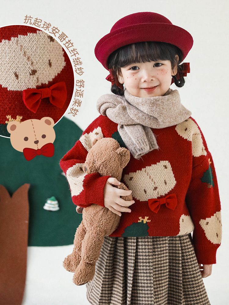 女宝宝毛衣新冬款儿童线衣加厚蝴蝶结上衣女童衣服圣诞装针织衫