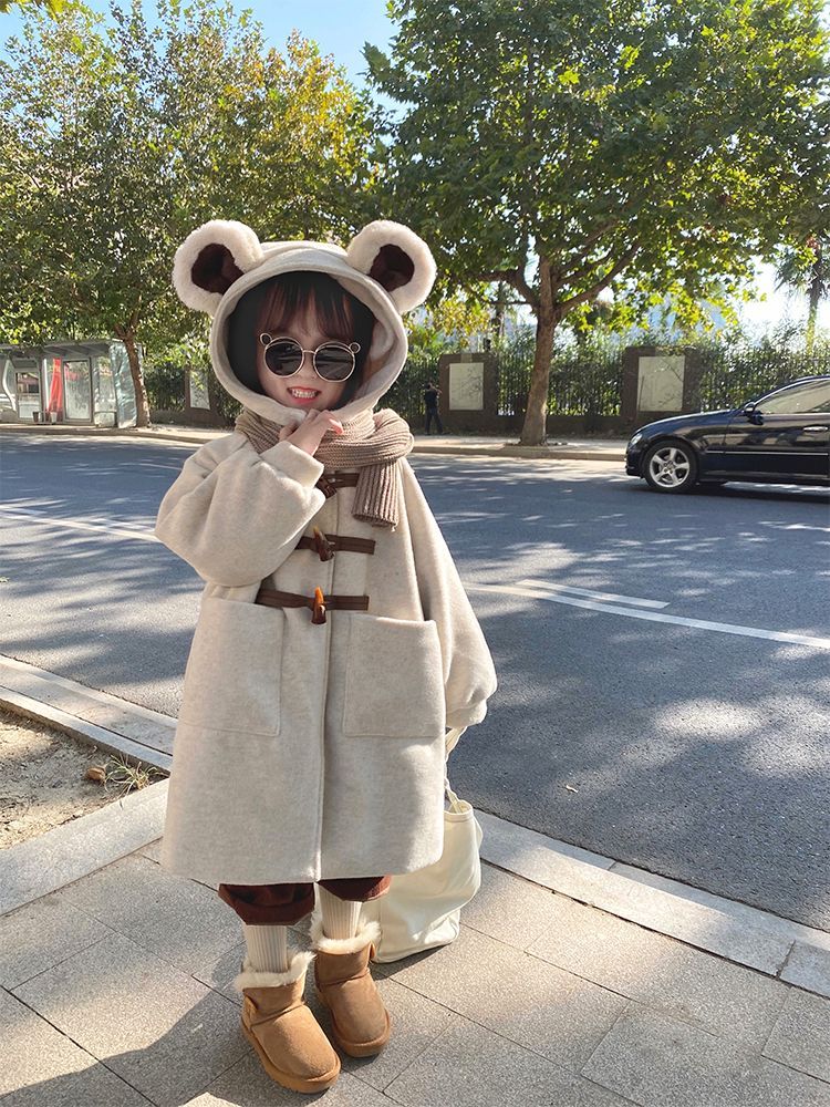 韩版童装2024冬装女童中长款连帽呢子大衣儿童洋气牛角扣毛呢外套