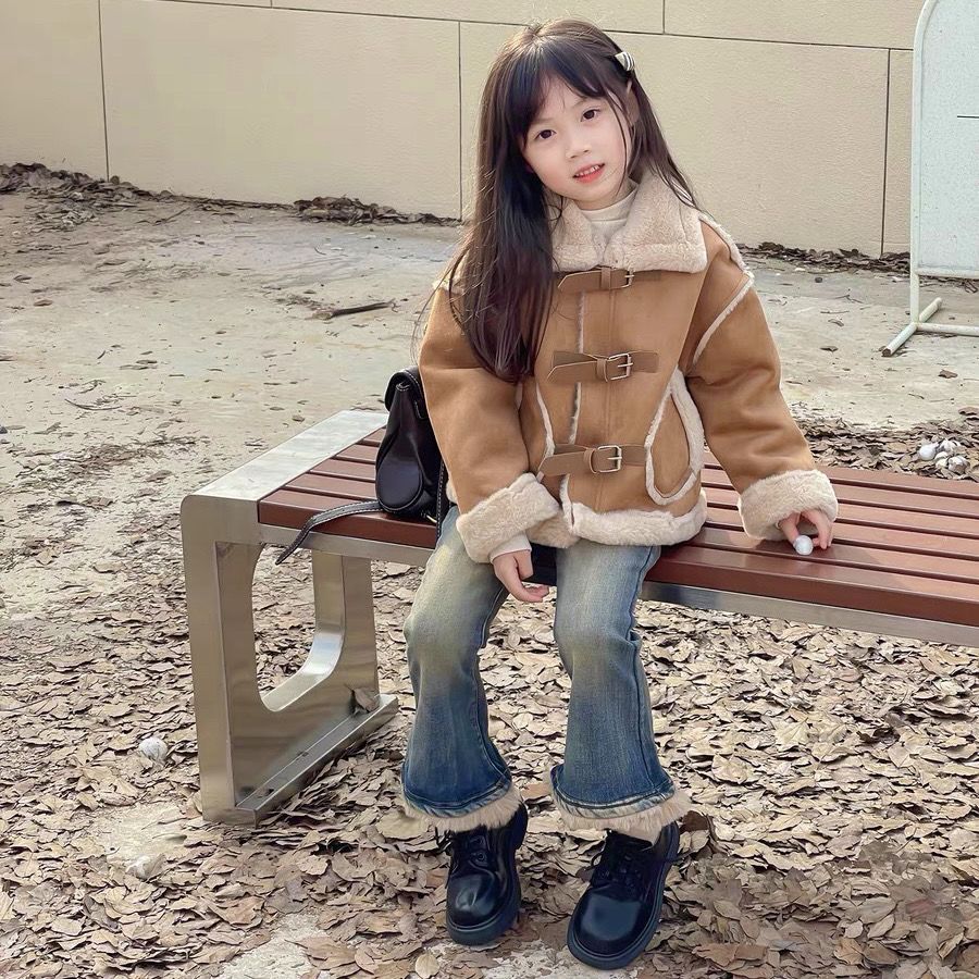 女童冬季两件套装韩系爆款皮毛一体夹克外套加绒牛仔裤潮流
