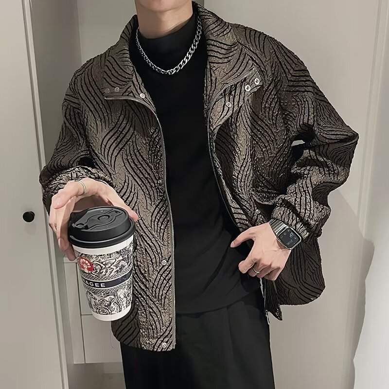 高级感皱皮立领外套男百搭潮牌男装上衣2023新款休闲风痞帅气夹克