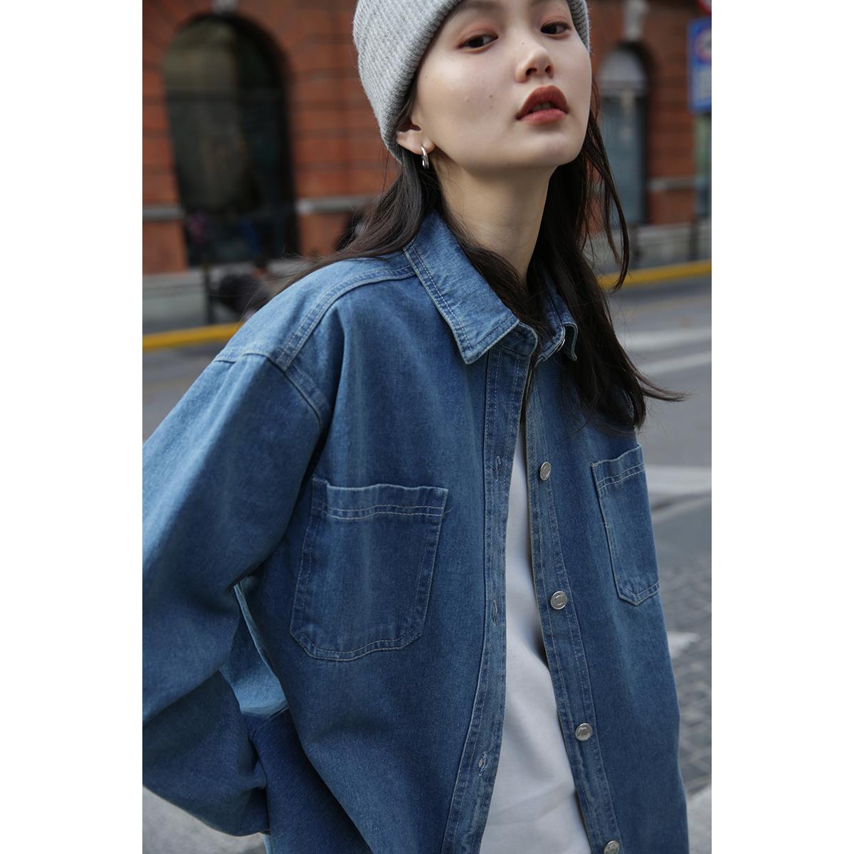 蓝色牛仔衬衫女秋冬叠穿设计感小众复古港风外套宽松长袖内搭衬衫