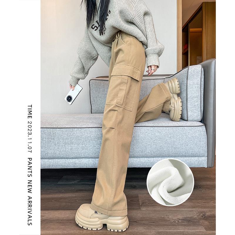 加绒加厚美式工装裤女2023新款秋冬款冲锋裤加长休闲阔腿运动裤子