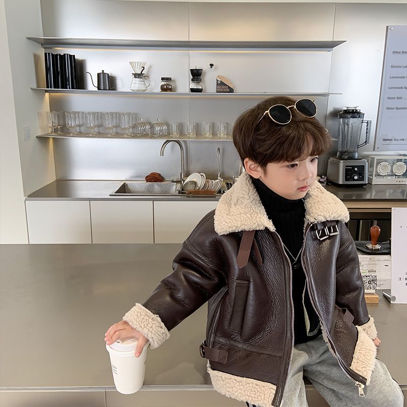 高档童装加绒机车皮衣超洋气的男女儿童一体绒机车服加厚夹克外BL