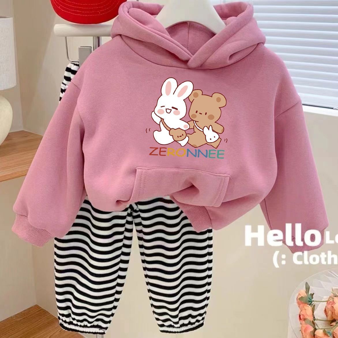 逗女童套装秋冬款2023新款潮流加绒加厚女宝宝连帽卫衣中小HH棉质