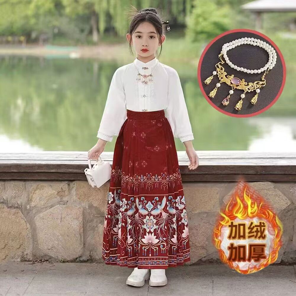 童装潮款汉服女童古装加绒马面裙套装小女孩厚款中国风裙冬季儿