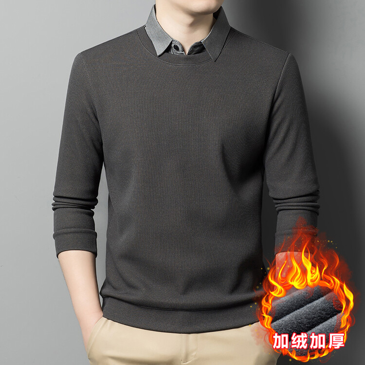 假两件男士衬衫领长袖T恤衫商务休闲打底衫时尚百搭潮流上衣冬季