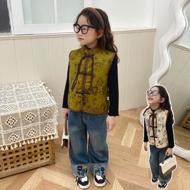 女童马甲秋冬外穿宝宝加厚坎肩冬季国潮古风马夹2023新款洋气背心