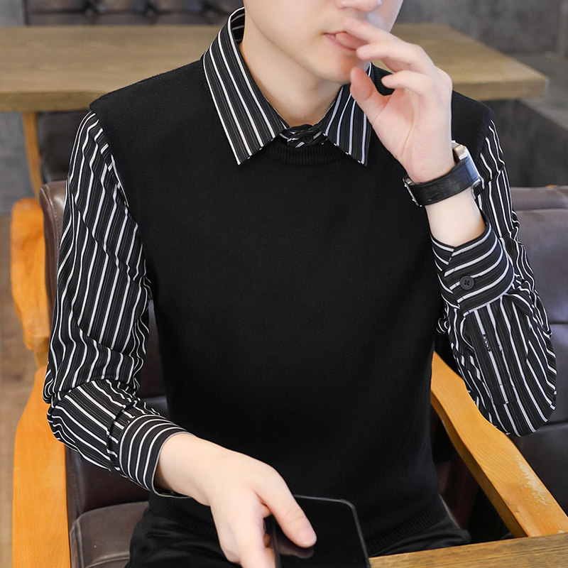秋季修身时尚休闲潮流百搭韩版男士衬衫领长袖条纹针织假两件毛衣