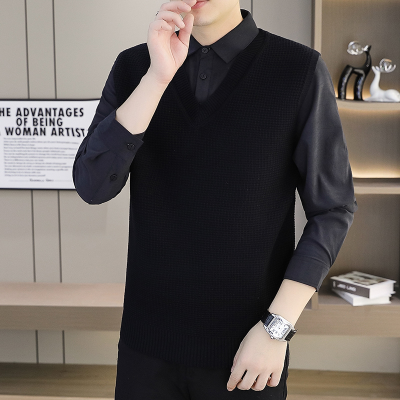 衬衫领针织毛衣男士秋季新款时尚百搭针织假两件纯色衬衫领毛衣男